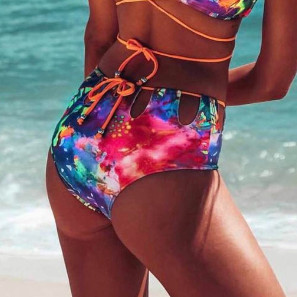 NEW Robb Lulu S High Waist Bikini Bottom Groovy Lucy High Pant Cutout Swimwear